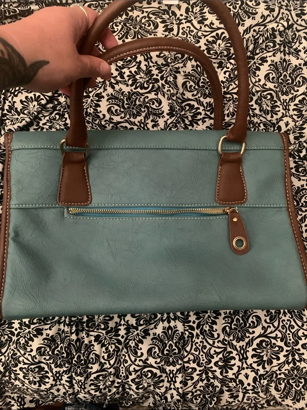 Tory Burch Teal and Brown Leather Satchel with Tassel Accent